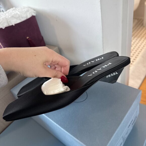 NWT Prada Slip-on Mules Black Satin Square Toe Triangle Heels Sz 36 - Picture 7 of 9